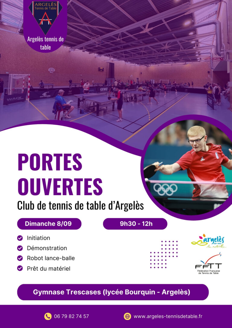 Portes ouvertes du club de tennis de table d'Argelès le 8 septembre 2024 de 9h à 12h30